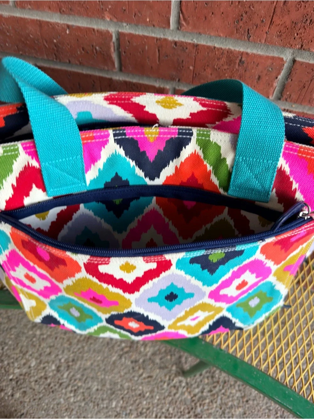 Vibrant Multi-Color Geometric Laptop Bag with Teal Handles Almost new